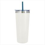 White Tumbler with Blue Straw And Clear Lid With White Flip-Top Accent